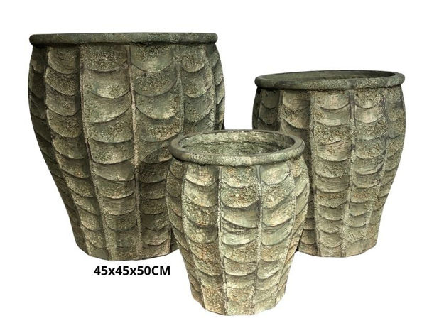 Slika Posuda fiber cement uzorak reljef 45x45x50cm. Sivo zelena