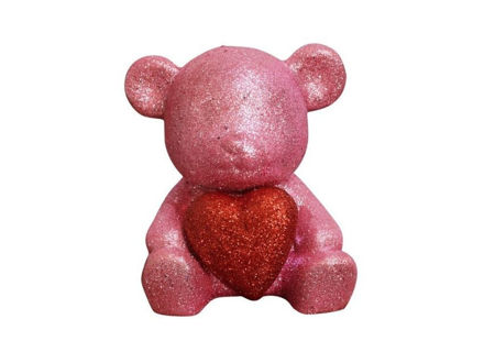 Slika Dekoracija medo sa srcem 15cm; gliter; roza/crvena