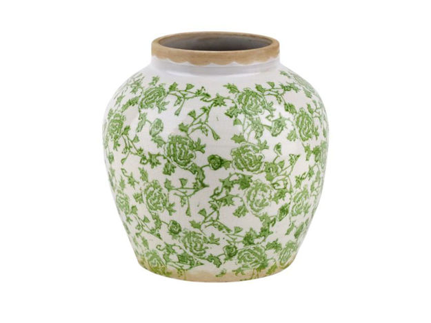 Slika Keramička vaza h22 d22cm; bijela sa zelenim cvjetovima
