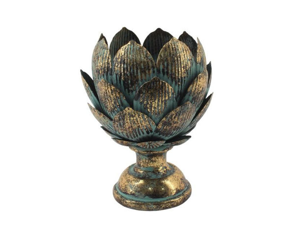 Slika Svijećnjak metalni 14.5x19cm; zlatna/tirkizna